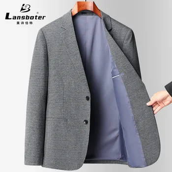Lansboter Серый Весенне-осенний тонкий мужской костюм, Корейская версия, облегающий эластичный негладкий клетчатый маленький костюм для отдыха и бизнеса - Изображение 1  