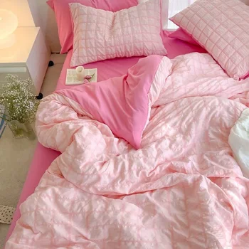 Постельное белье Корейской принцессы Pink Seersucker, юбка для кровати Kawaii, Пододеяльник, Однотонные Комплекты двуспальных простыней размера 