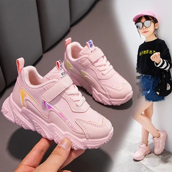 Осенние новые детские кроссовки, обувь 2023 года, повседневная обувь для девочек из искусственной кожи, однотонная розовая, светло-белая Детская нескользящая спортивная обувь на крючках и петлях - Изображение 2  