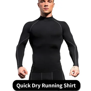 Футболка для бодибилдинга, эластичная спортивная одежда для спортзала, компрессионный воротник, облегающая спортивная сухая мужская рубашка Rashgard для бега - Изображение 2  