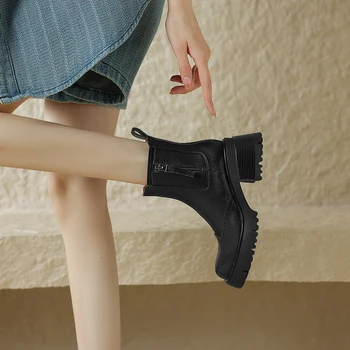 MORAZORA 2023, Новые зимние женские ботинки из натуральной кожи на молнии, женские ботильоны на платформе с круглым носком, ботинки на высоком квадратном каблуке в стиле ретро - Изображение 2  