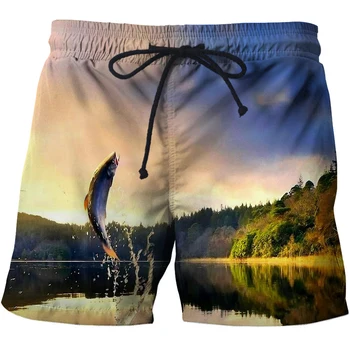 Модные летние пляжные брюки, 3D шорты для плавания, мужские шорты для серфинга, пляжные шорты для рыбалки, купальник с пейзажной графикой, мужские пляжные брюки - Изображение 2  