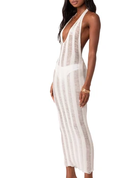 Элегантное кружевное платье макси с открытыми плечами, открытой спиной и гофрированным подолом для женщин - Изображение 2  