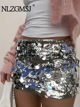 Осенняя женская юбка TRAF 2023 с серебристыми пайетками, сексуальная мини-юбка с блестками, женские шорты, одежда для вечеринок - Изображение 2  