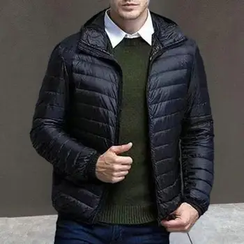 Мужская однотонная куртка на молнии, мужская пуховая хлопковая куртка, стильная мужская пуховая хлопковая куртка, приталенное теплое зимнее пальто со стойкой - Изображение 2  