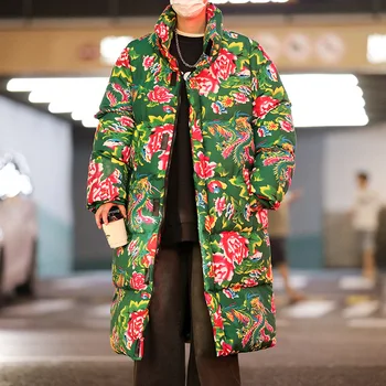 Зимняя мода, Новый мужской китайский стиль, Северо-Восточный тренд Больших цветов, Длинная повседневная хлопковая куртка, Теплая хлопковая куртка с капюшоном, пальто с капюшоном - Изображение 2  