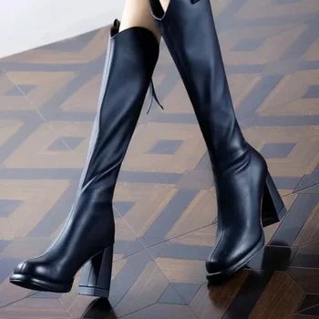 2024 Женские длинные кожаные ботинки Полностью водонепроницаемые противоскользящие женские бархатные ботинки Челси на высоком каблуке с застежкой-молнией сзади из натуральной кожи - Изображение 2  