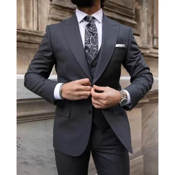 Роскошные мужские костюмы, темно-серый блейзер, однобортный, с заостренным лацканом, полный комплект, свадебный жених, 3 предмета (куртка + брюки + жилет), приталенный крой - Изображение 2  