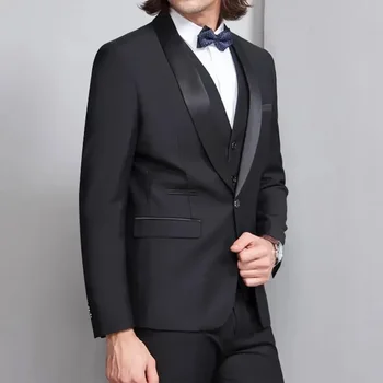 Модный черный костюм для мужчин, приталенный, однобортный, с отворотом в виде шали, удобный праздничный пиджак из 3 предметов, Брюки, жилет, Свадебный мужской блейзер - Изображение 2  