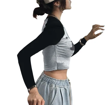 Женские укороченные топы GuliriFei с регланом, модные футболки с круглым вырезом и буквенным принтом граффити, топы уличной одежды с длинным рукавом - Изображение 2  