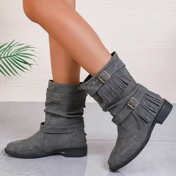 Средние сапоги, женские простые короткие ботинки осенью-зимой 2024, большие женские ботинки, модные зимние ботинки с круглым носком - Изображение 2  