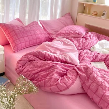 Постельное белье Корейской принцессы Pink Seersucker, юбка для кровати Kawaii, Пододеяльник, Однотонные Комплекты двуспальных простыней размера 